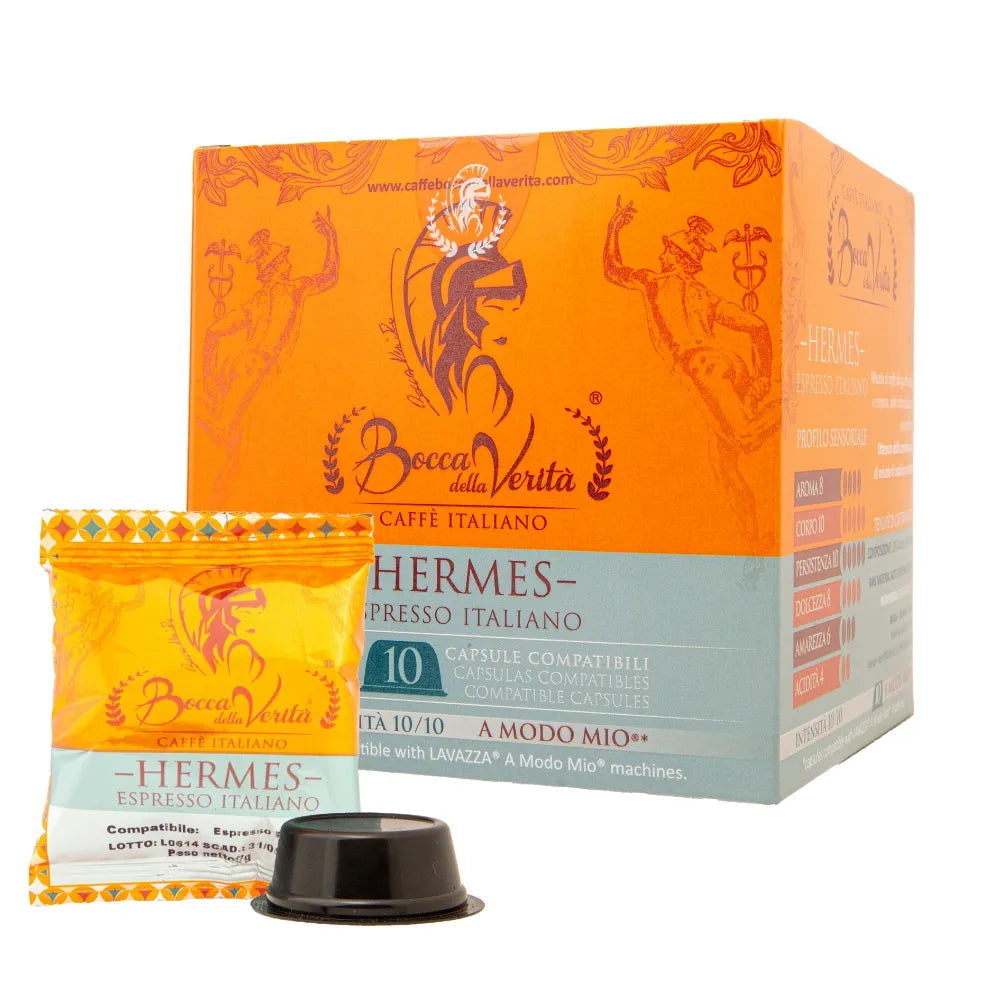 Caja de café Bocca della Verità Hermes Espresso Italiano, 10 cápsulas compatibles con A Modo Mio, intensidad 10/10.