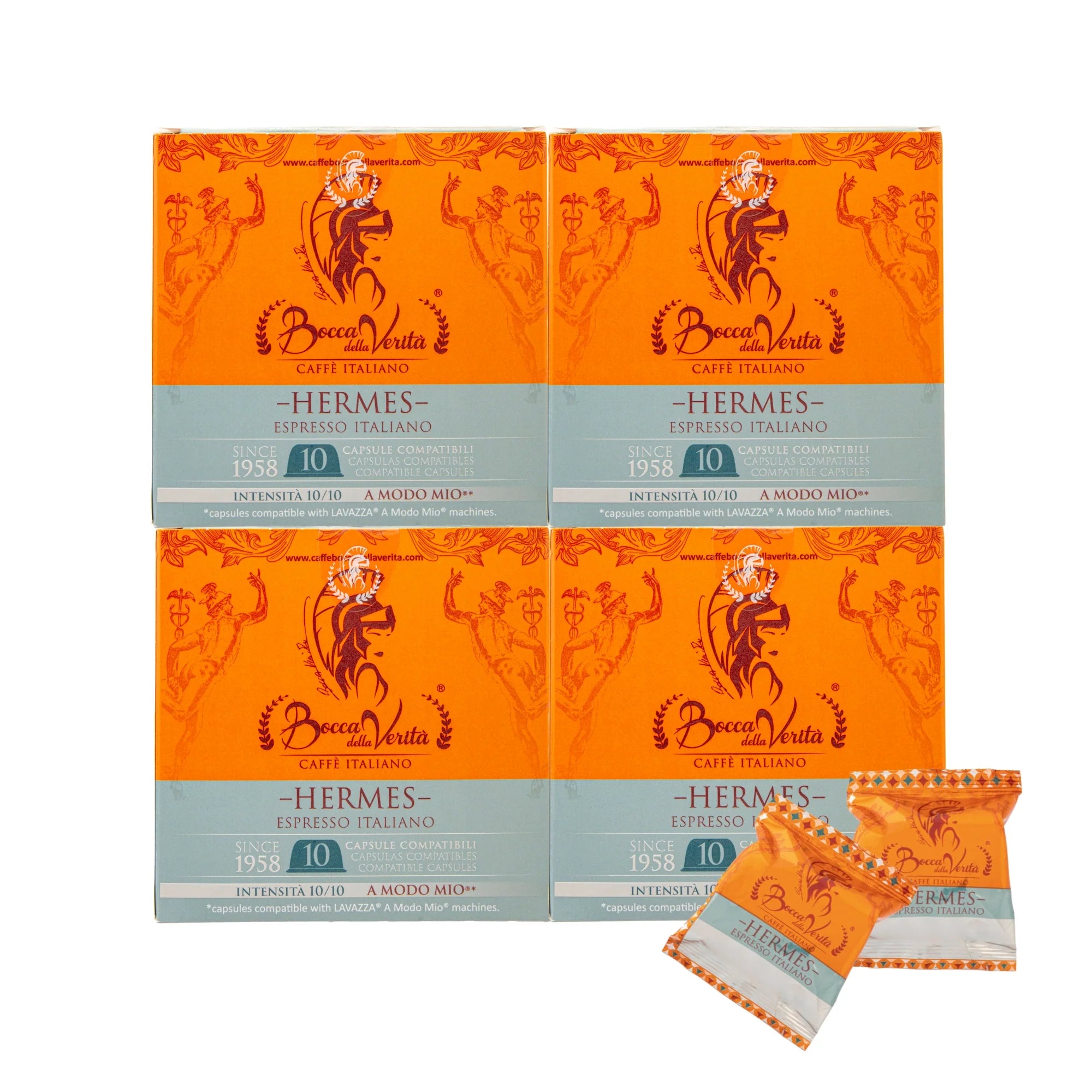 Pack de cuatro cajas de café Bocca della Verità Hermes Espresso Italiano, 10 cápsulas cada una, compatibles con Lavazza A Modo Mio, intensidad 10/10, con cápsulas individuales visibles