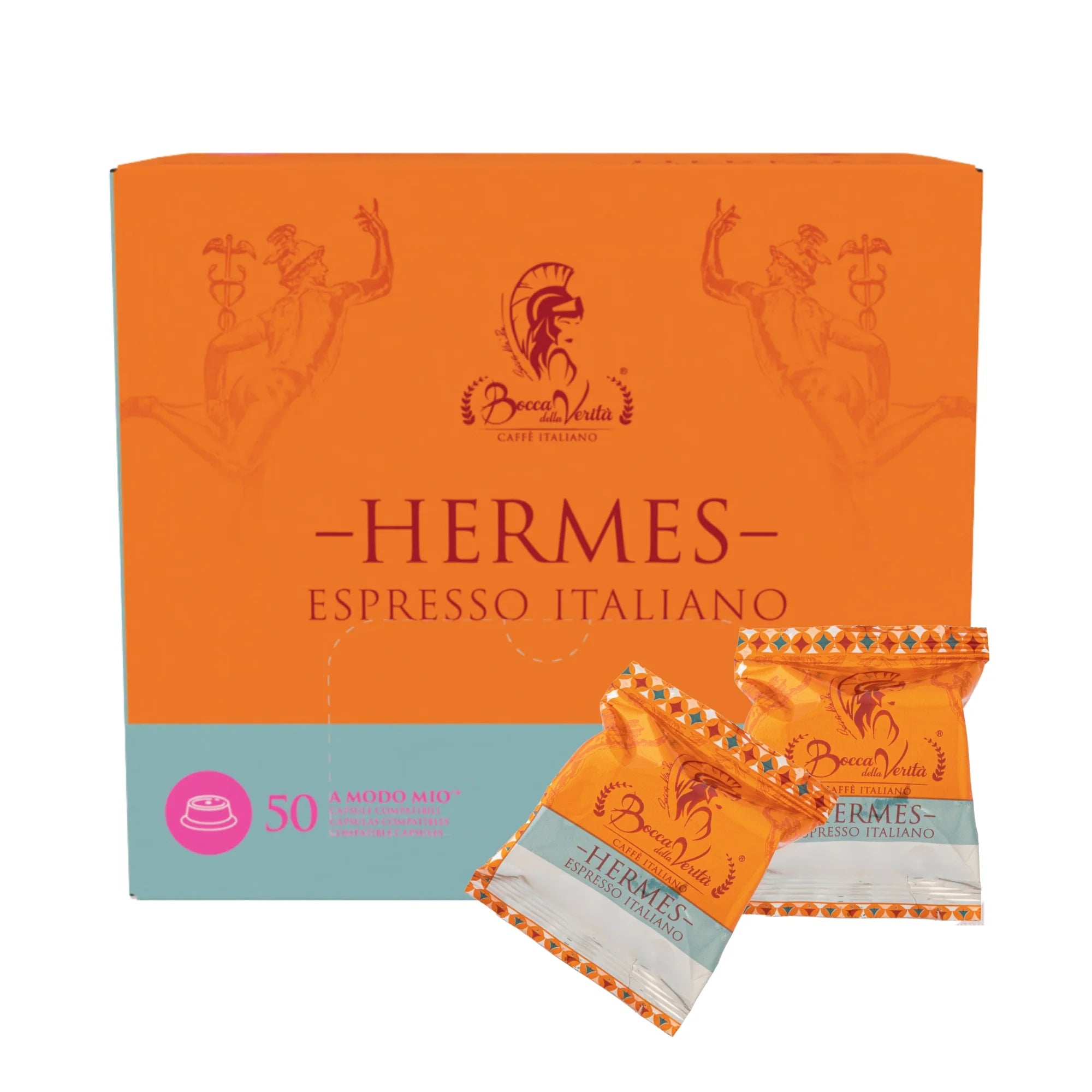 Caja grande de café Bocca della Verità Hermes Espresso Italiano, 50 cápsulas compatibles con Lavazza A Modo Mio, intensidad 10/10, con cápsulas individuales visibles.