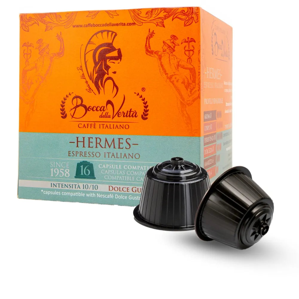 Caja de café Bocca della Verità Hermes Espresso Italiano, 16 cápsulas compatibles con Dolce Gusto, intensidad 10/10.