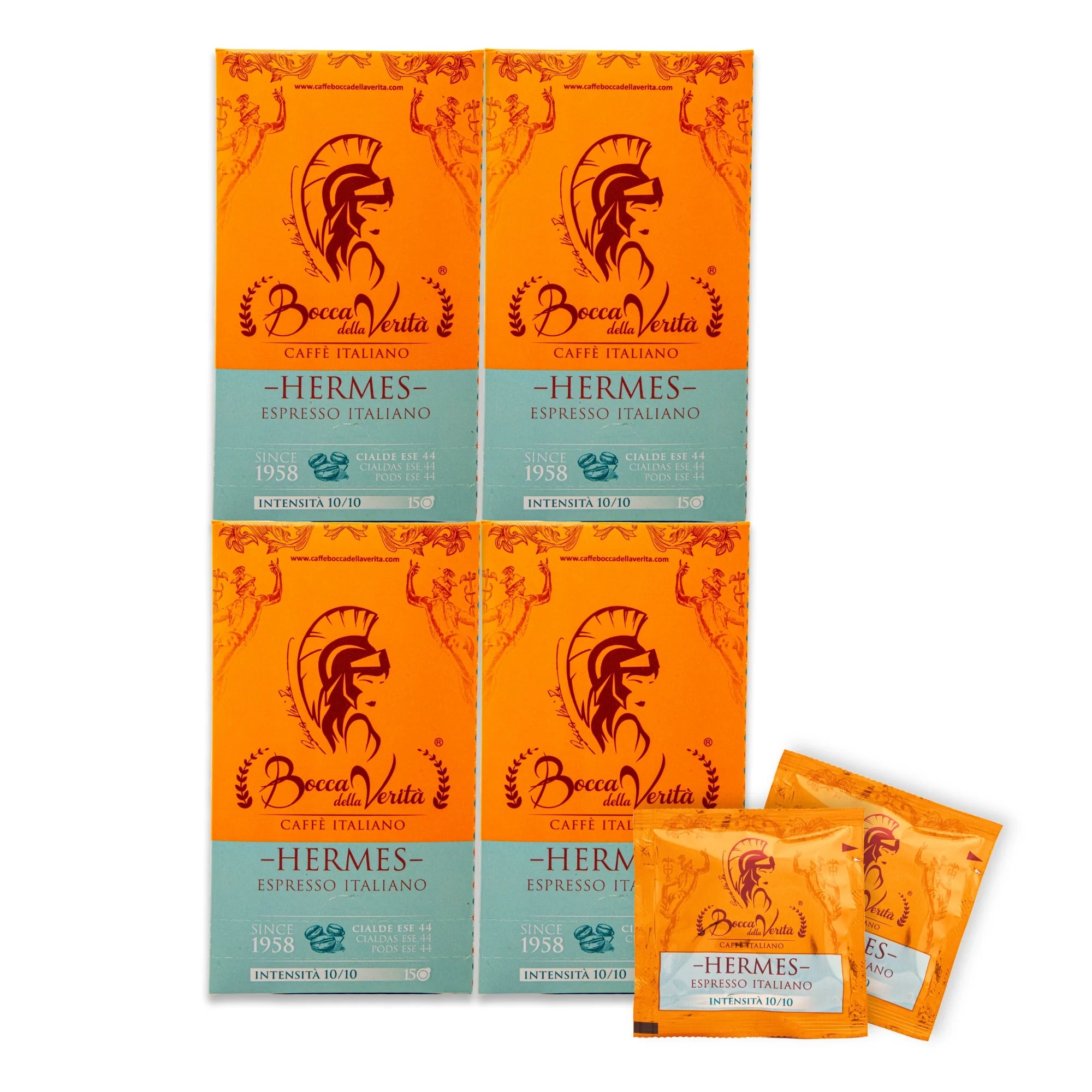 Pack de cuatro cajas de café Bocca della Verità Hermes Espresso Italiano,  60 monodosis ESE 44 mm cada una, intensidad 10/10, con monodosis individuales visibles.