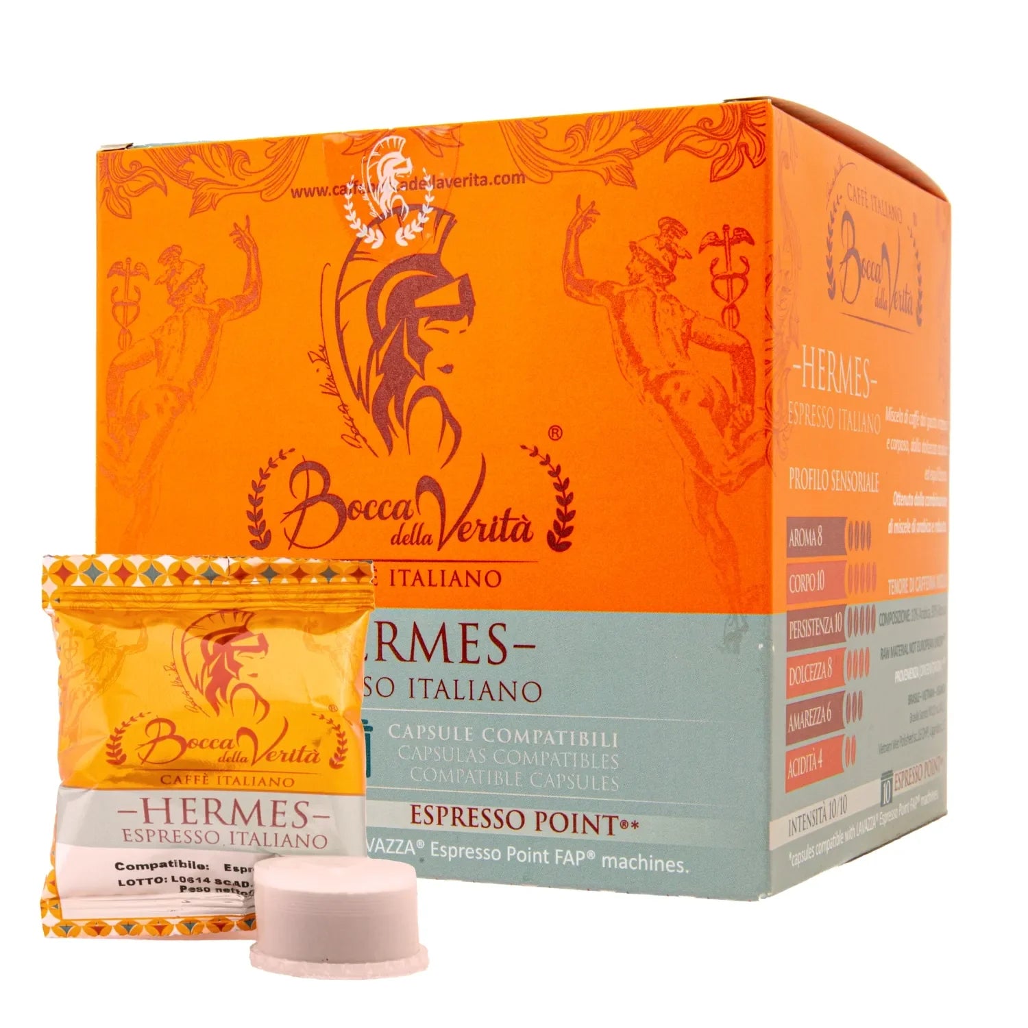 Caja de café Bocca della Verità Hermes Espresso Italiano, 10 cápsulas compatibles con Lavazza Espresso Point, intensidad 10/10.