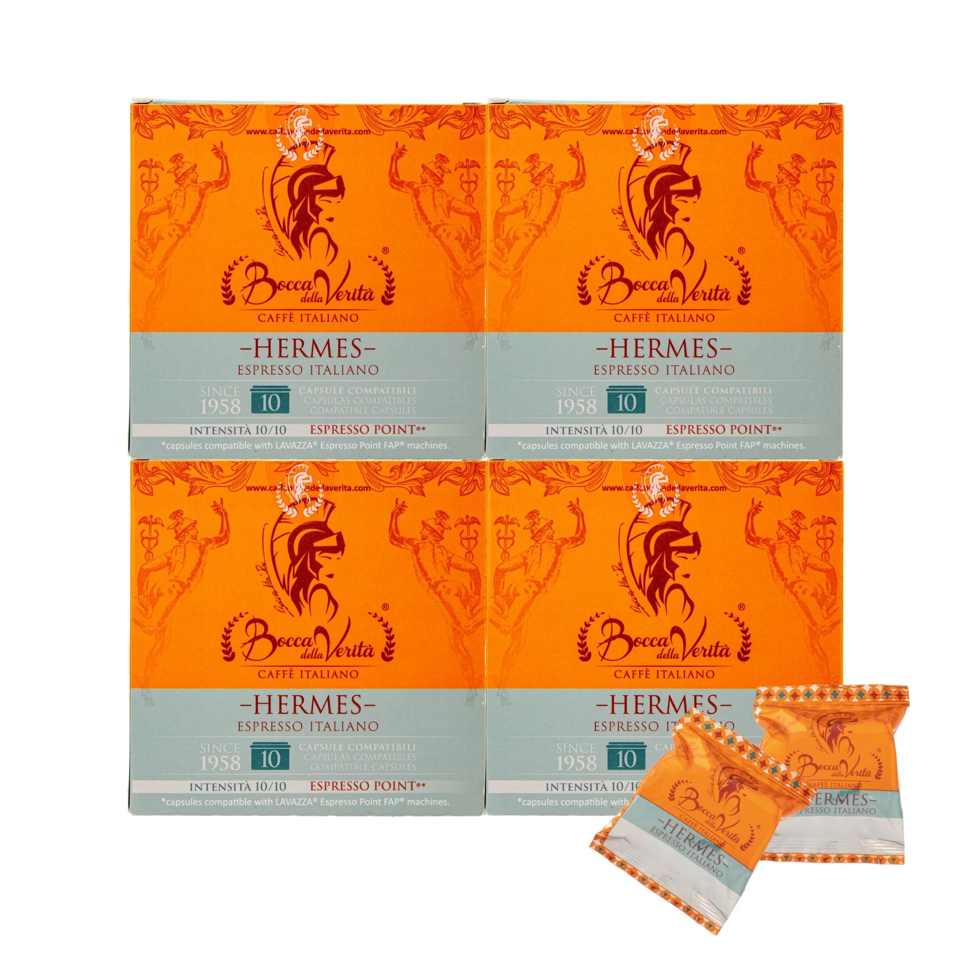 Pack de cuatro cajas de café Bocca della Verità Hermes Espresso Italiano, 10 cápsulas cada una, compatibles con Lavazza Espresso Point, intensidad 10/10, con cápsulas individuales visibles