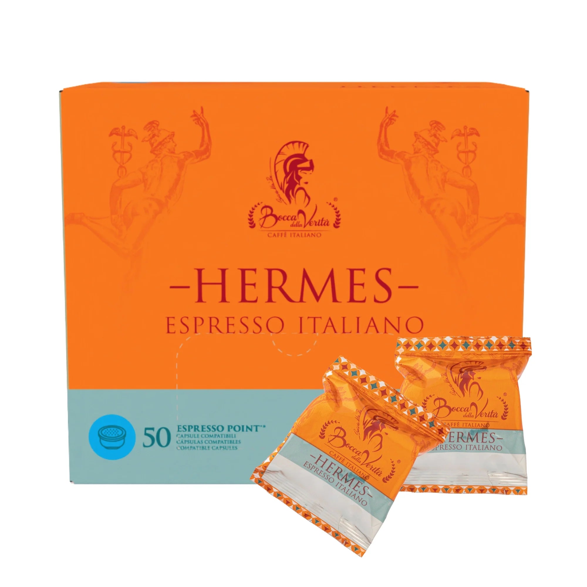 Caja grande de café Bocca della Verità Hermes Espresso Italiano, 50 cápsulas compatibles con Lavazza Espresso Point, intensidad 10/10, con cápsulas individuales visibles
