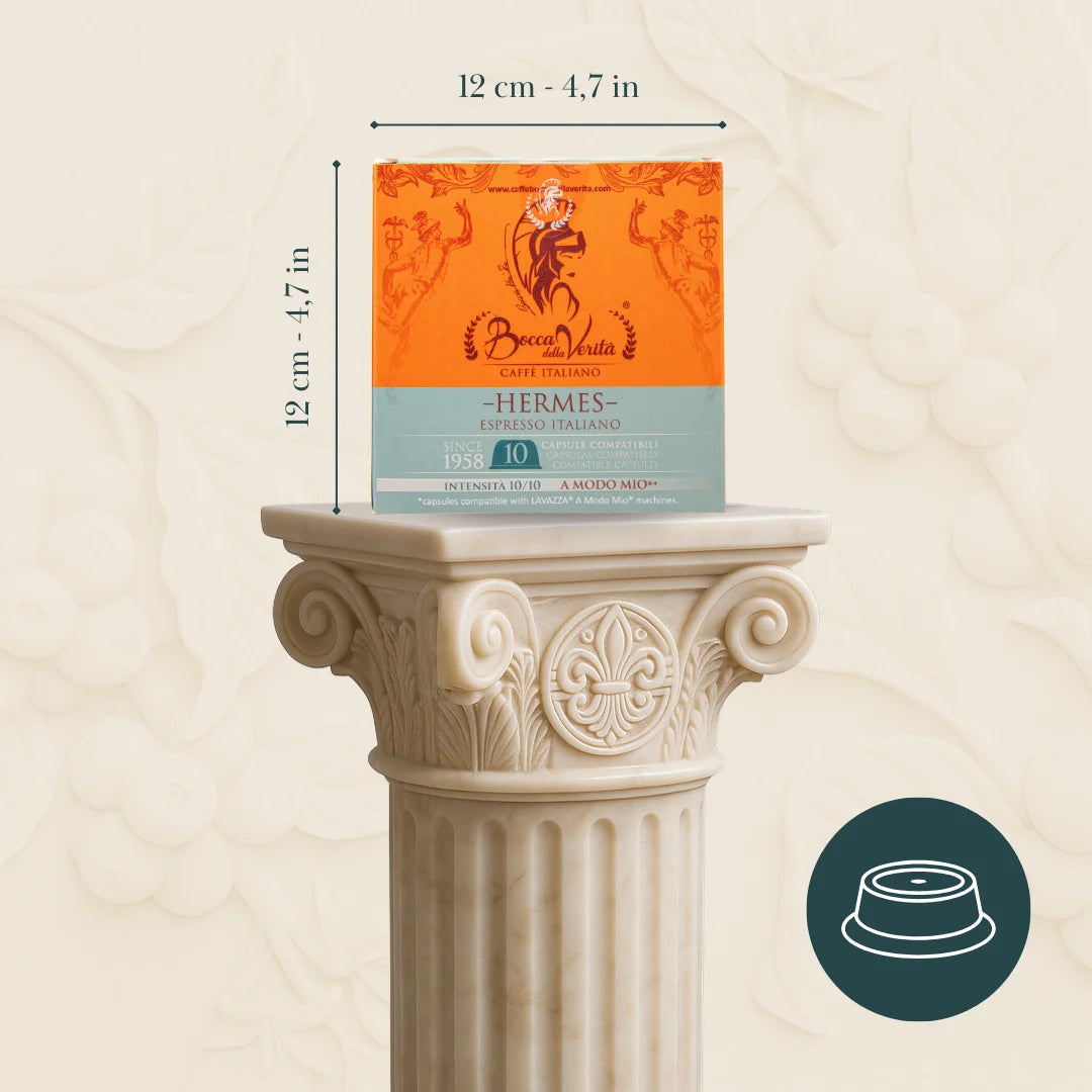 Medidas_Caja de café Bocca della Verità Hermes Espresso Italiano, 10 cápsulas compatibles con Lavazza A Modo Mio, intensidad 10/10.