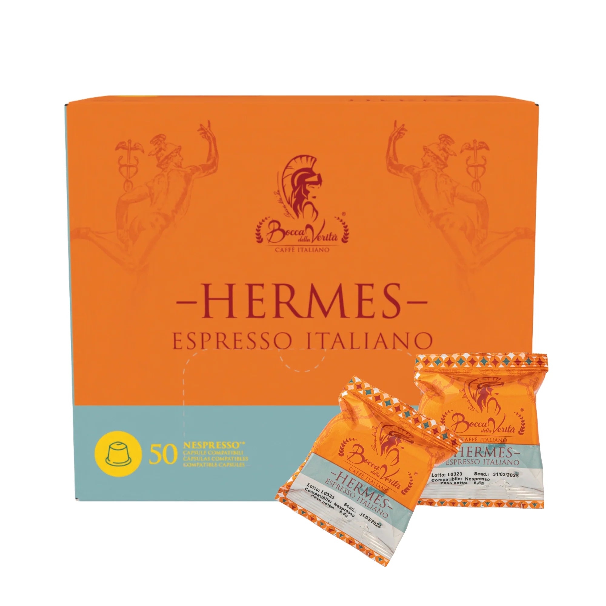 Caja de café Bocca della Verità Hermes Espresso Italiano con 50 cápsulas compatibles con Nespresso, intensidad 10/10, con dos cápsulas individuales en primer plano.
