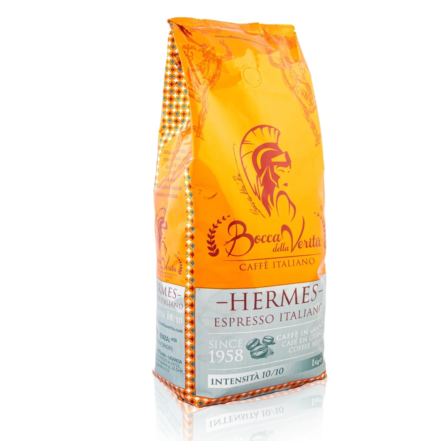Paquete de café en grano Bocca della Verità Hermes Espresso Italiano de 1 kg, intensidad 10/10, mezcla 90% Robusta y 10% Arábica.